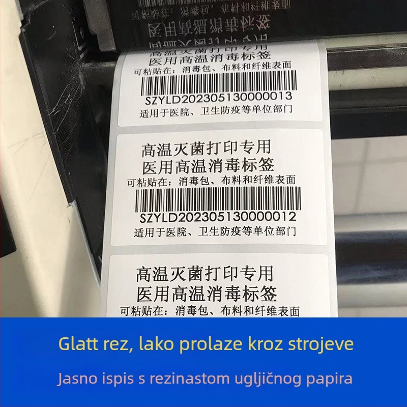 ZH1560 Samoljepljiva etiketa za bolničku trasabilnost pri visokim temperaturama parne sterilizacije; podloga: neproširena tkanina; ljepilo: trajno akrilno lateksno ljepilo; temperaturna otpornost: -20 do +140 °C; debljina: 0,025 mm; način tiska: karbonska 