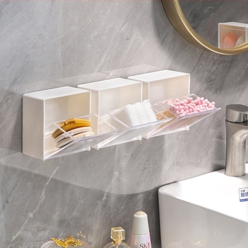 Zidna kutija za kozmetiku s preklopnim poklopcem, bez bušenja, od PS plastike, za organizaciju kozmetike, pamukovih štapića i ruževa