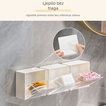 Zidna kutija za kozmetiku s preklopnim poklopcem, bez bušenja, od PS plastike, za organizaciju kozmetike, pamukovih štapića i ruževa