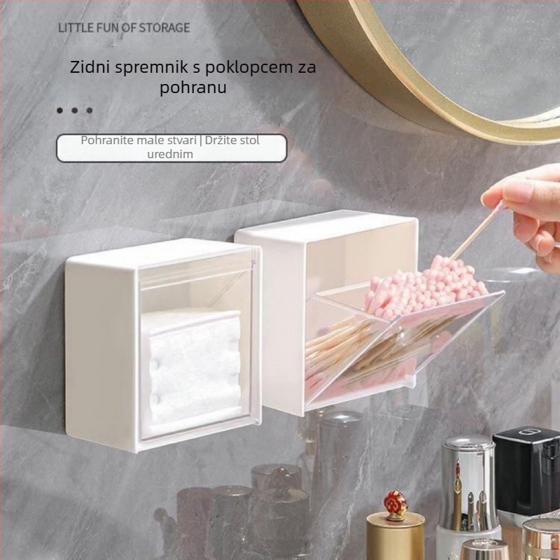 Zidna kutija za kozmetiku s preklopnim poklopcem, bez bušenja, od PS plastike, za organizaciju kozmetike, pamukovih štapića i ruževa