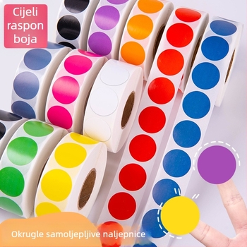 Kružne naljepnice na roli, samolijeplive, prazne za pisanje, ispisive (oblik: kružnica; format: rola; ljepilo: samolijepivo; pisanje: prazno; ispisivo: da)