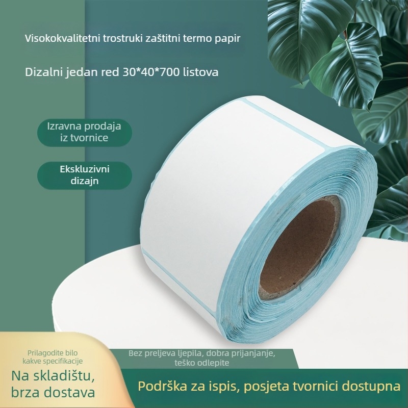 Termalni papir za etikete s trostranom zaštitom, 30×40 mm, 700 listova, šarene etikete s bar kodom i ručno pisani pečati
