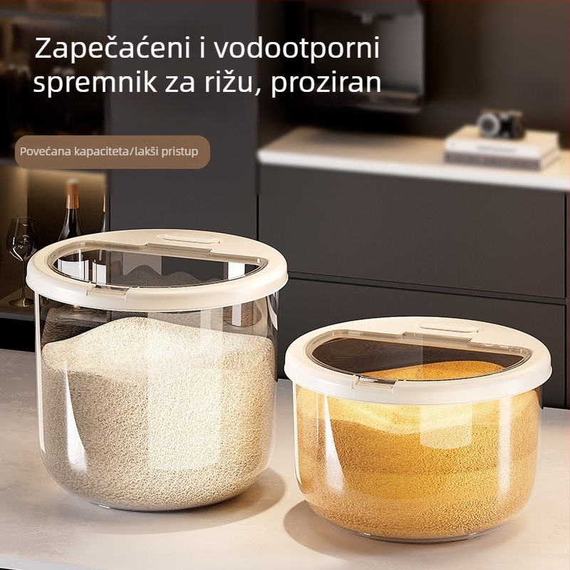 Kutija za skladištenje riže – zatvorena, otporna na vlagu i insekte, plast PP, kapacitet 10L+, moderni minimalistički dizajn