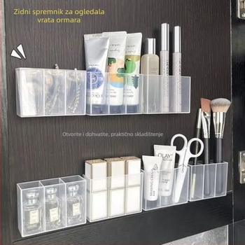 Zidni ogledni ormar s podijeljenim pretincima, montaža bez bušenja, visi skladište za ruževe i olovke, prozirni spremnik za pohranu