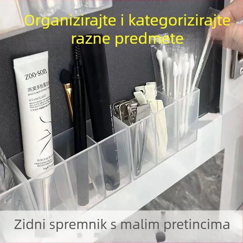 Zidni ogledni ormar s podijeljenim pretincima, montaža bez bušenja, visi skladište za ruževe i olovke, prozirni spremnik za pohranu