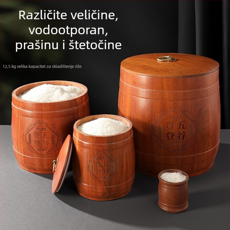 Huali drveni baril za rižu, zatvoren, u obliku bubnja, vodootporan s podijeljenim pretincima, visok kapacitet, premium u novom kineskom stilu