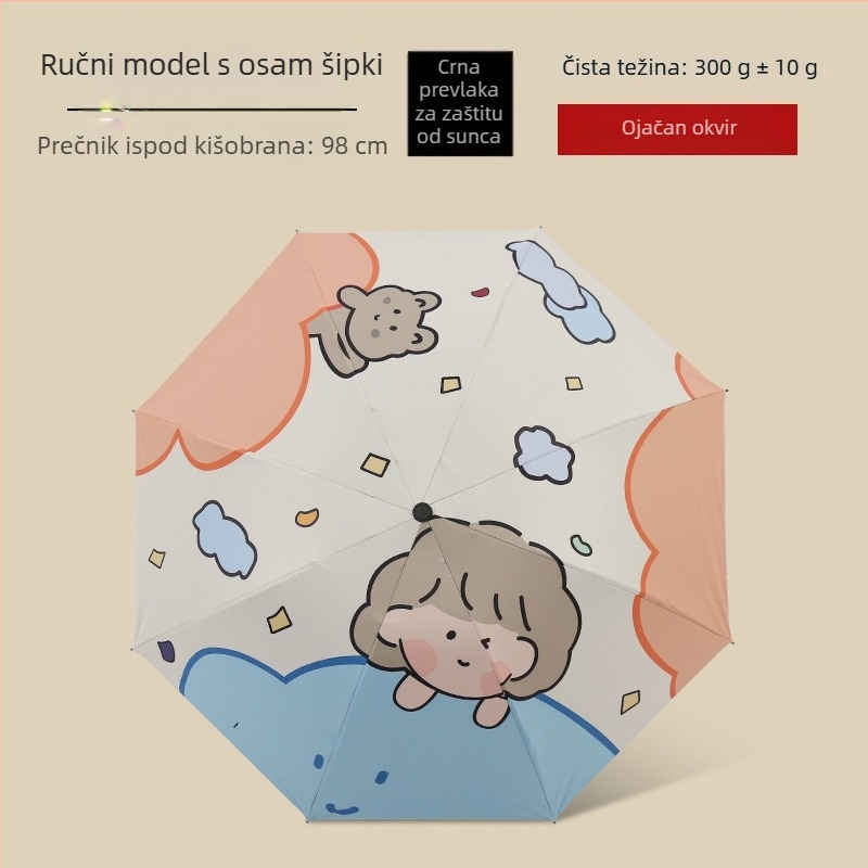 Kišobran s karikatura dizajnom, trodijelni kišobran, 8-kraki željezni okvir, 190T tkanina, ručno otvaranje, otisak logotipa i prilagodba