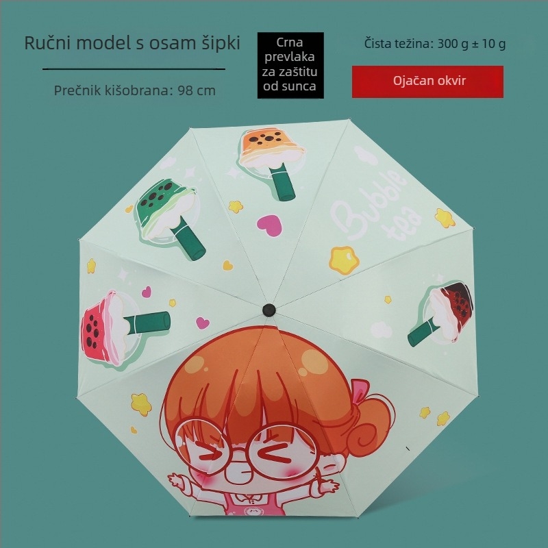 Kišobran s karikatura dizajnom, trodijelni kišobran, 8-kraki željezni okvir, 190T tkanina, ručno otvaranje, otisak logotipa i prilagodba