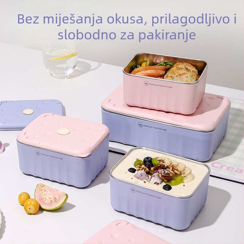 Kutija za ručak od 304 nehrđajućeg čelika, dvostruki sloj, četvrtastog oblika, mikrovalna kompatibilna (Materijali: PP + 304 nehrđajući čelik)