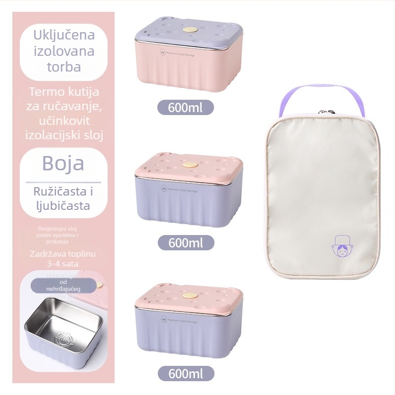 Kutija za ručak od 304 nehrđajućeg čelika, dvostruki sloj, četvrtastog oblika, mikrovalna kompatibilna (Materijali: PP + 304 nehrđajući čelik)