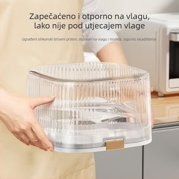 Spremnik za brašno sa zatvaranjem, otpornost na vlagu i štetočine, ABS plastika, kapacitet 10 L ili više, prehrambena sigurnost, moguć otisak logotipa