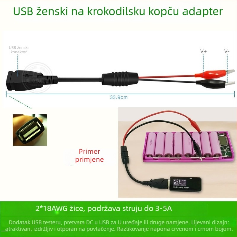 Ou Ju JW-35CM USB testni kabel s krokodilskim kliještima za baterije