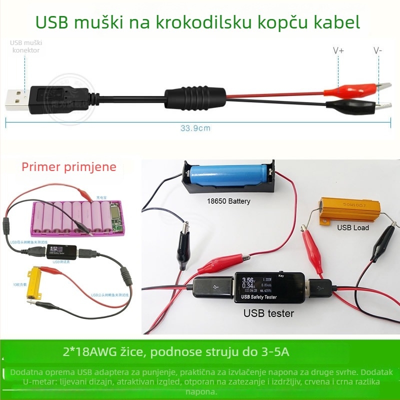 Ou Ju JW-35CM USB testni kabel s krokodilskim kliještima za baterije