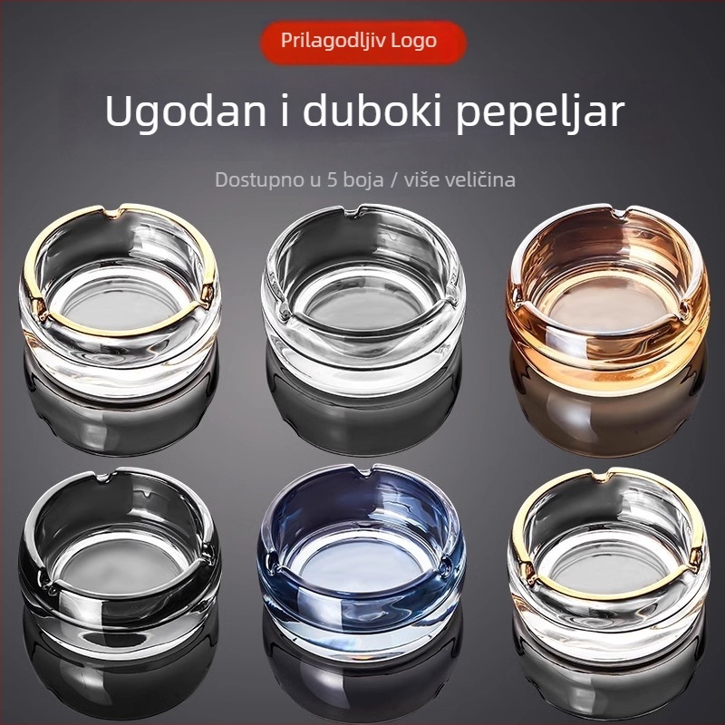 Pepeljara s prilagođenim logom – staklena, debela i duboka okrugla forma, za dom, hotel, KTV, ured, jednostavan luksuzan dekor (Staklo; Otisak loga; Prilagodba; Jednostavan stil; Poklon)