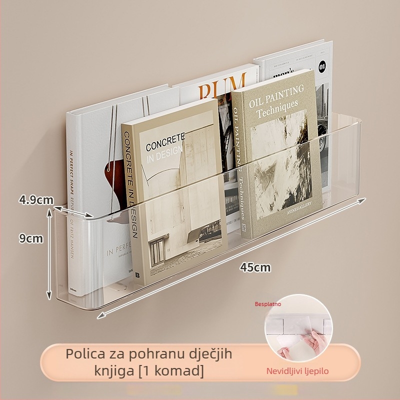 Zidna polica za knjige bez bušenja, prozirna PET polica za dječje slikovnice, 1 etaža, pogodna za studijsku sobu, spavaću sobu i dnevnu sobu