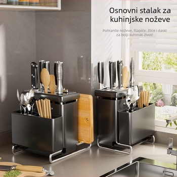 Stalak za nože i pribor bez ugradnje, višenamjenski, s integriranim držačem za nože i štapiće; nehrđajući čelik + karbonska čeli; na radnu plohu, moderan minimalistički stil