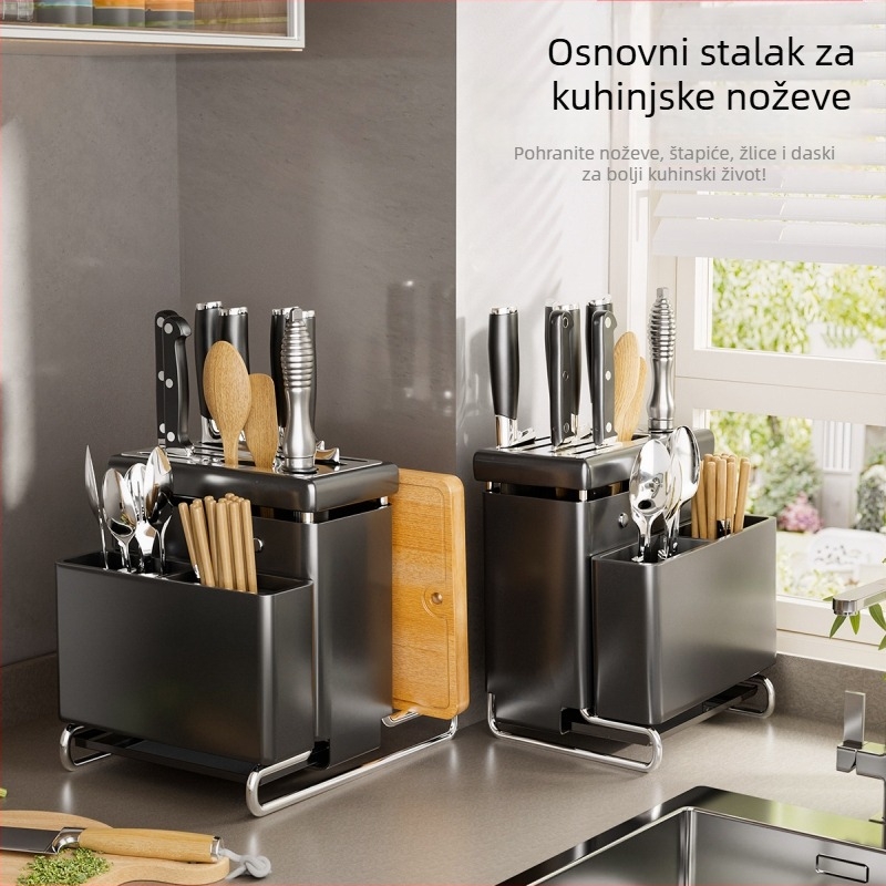 Stalak za nože i pribor bez ugradnje, višenamjenski, s integriranim držačem za nože i štapiće; nehrđajući čelik + karbonska čeli; na radnu plohu, moderan minimalistički stil