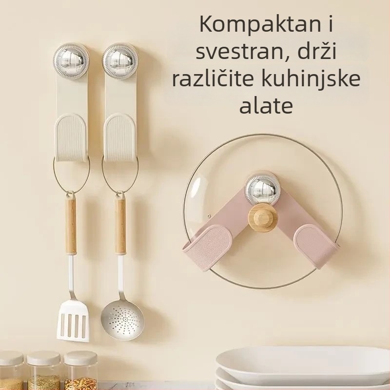 Plastični zidni držač poklopaca lonca, sklopni, okretni, s usisnom čašom