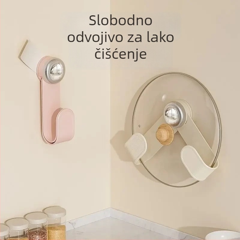 Plastični zidni držač poklopaca lonca, sklopni, okretni, s usisnom čašom
