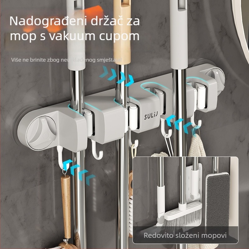 Držač za mop s vakuom na zidu, bez bušenja, ABS, nosivost 10–15 kg, više kuka, luksuzan stil, set 60