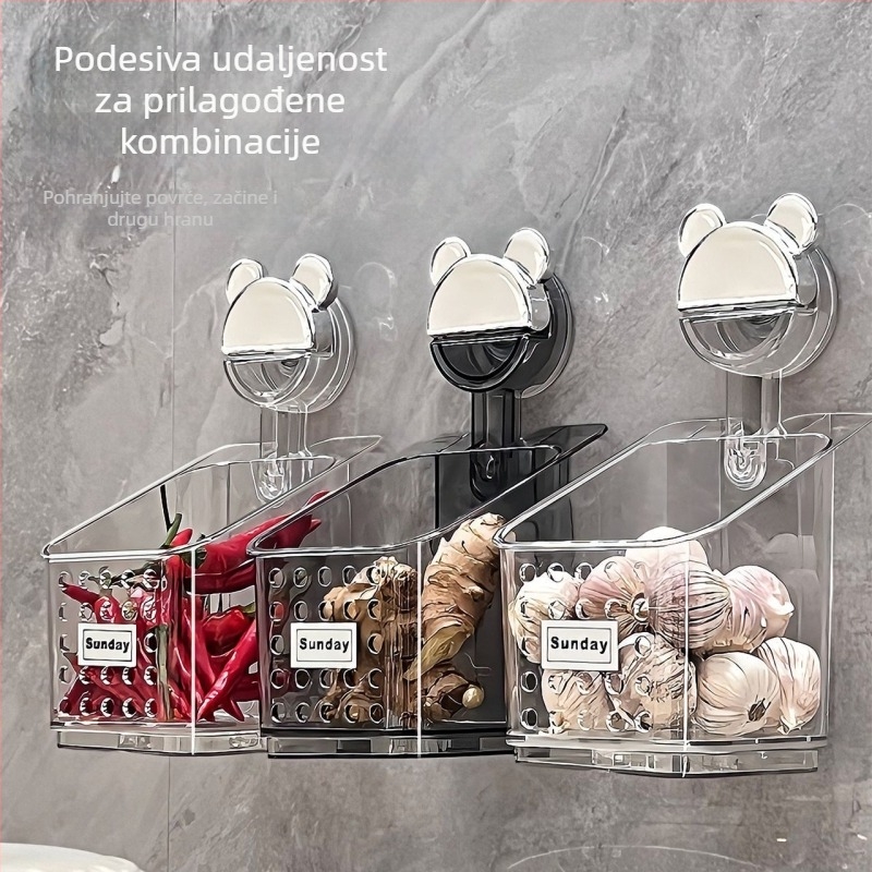 Zidni držač za pohranu s vakuumskim pričvršćivanjem za mladi luk, đumbir i češnjak — kuhinja, bez bušenja