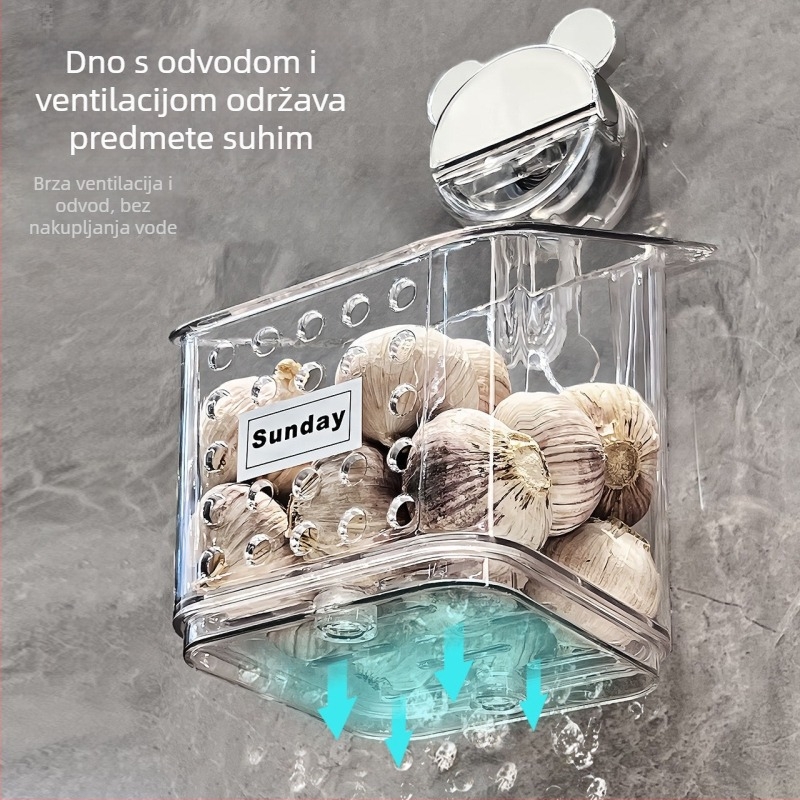 Zidni držač za pohranu s vakuumskim pričvršćivanjem za mladi luk, đumbir i češnjak — kuhinja, bez bušenja