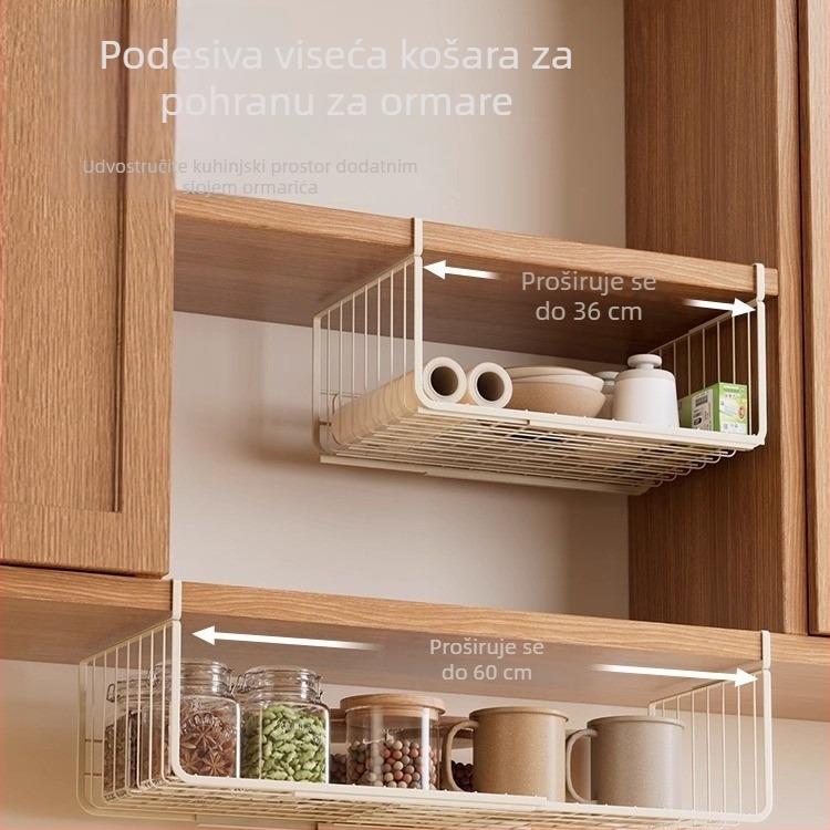 Proširivi plastični kuhinjski zidni organizator s više razina i pomičnim visećim košarom