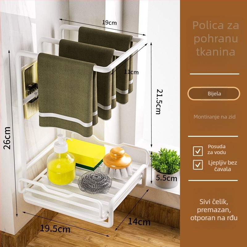 Kuhinjski stalak za špongice i ručnike - zidni, bez bušenja, pomični, karbonska čelična konstrukcija, moderan minimalistički stil