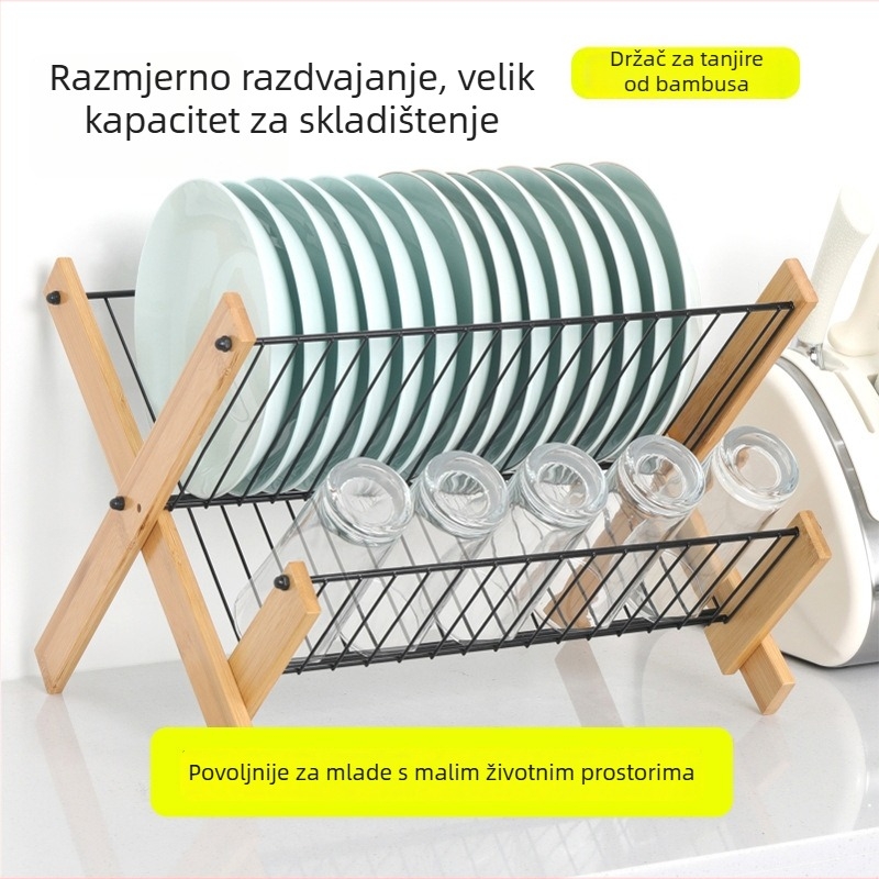Sklopivi stalak za posuđe od bambusa i drveta, kuhinjski organizator, moderni minimalistički stil (Porijeklo: Kina, Godina izlaska: 2025)