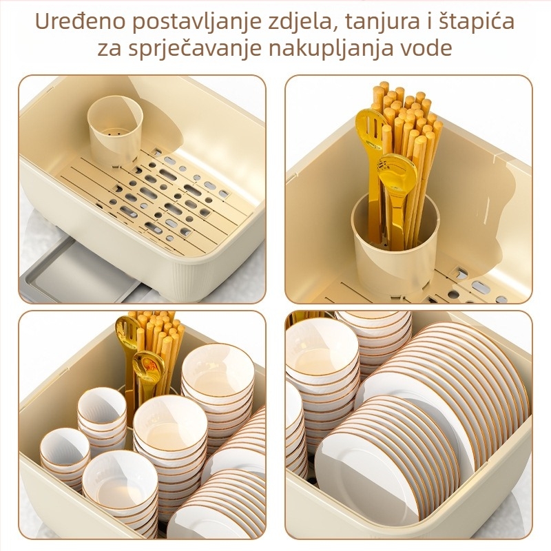 Zidni odvodni stalak za posuđe s kutijom za pohranu i poklopcem