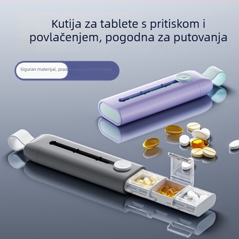 Prijenosna kutija za lijekove sa tri odjeljka i izvučnim dispenserom, s poklopcem