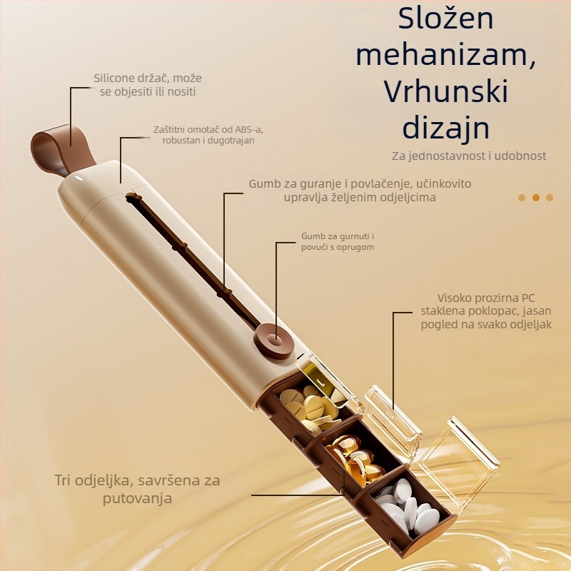 Prijenosna kutija za lijekove sa tri odjeljka i izvučnim dispenserom, s poklopcem