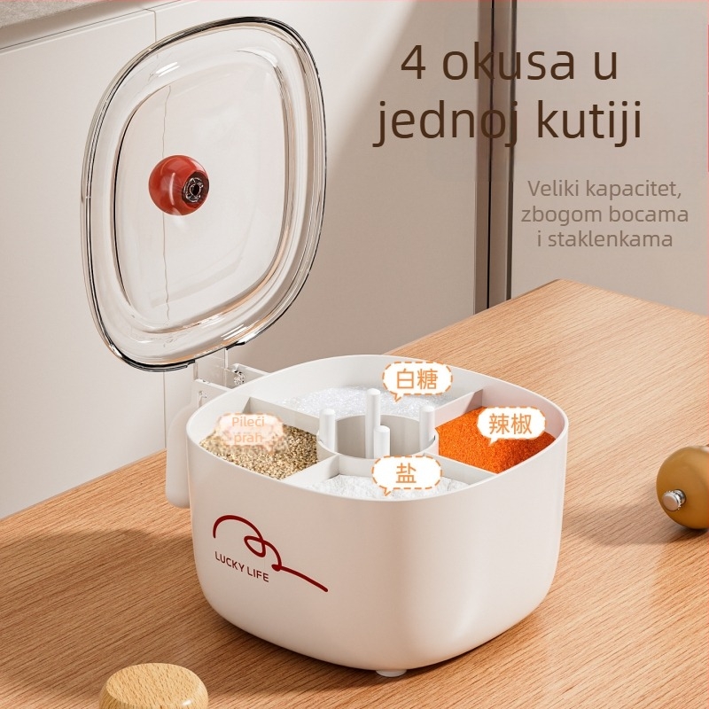 Plastična kutija za začine u kuhinji s poklopcem i četiri odjeljka, mogućnost tiskanja logotipa, moderan minimalistički dizajn, pogodna za čvrste začine