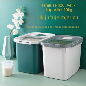 Kutija za skladištenje riže od plastike PP — zatvara, otporna na vlagu i štetne kukce, proziran poklop s preklopnim mehanizmom, kapacitet preko 10 L