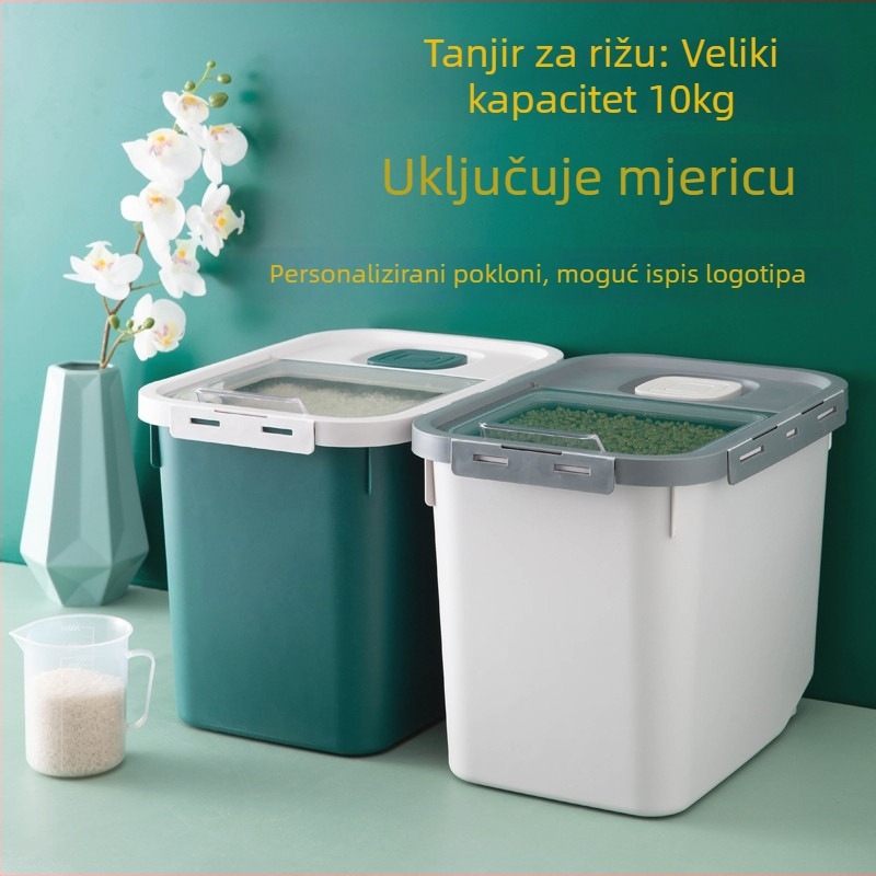Kutija za skladištenje riže od plastike PP — zatvara, otporna na vlagu i štetne kukce, proziran poklop s preklopnim mehanizmom, kapacitet preko 10 L