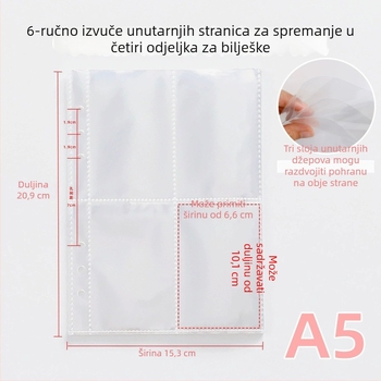 A5 Prozirni PP Unutarnji List za Foto-album s Četverostrukom Mrežom – Zamjensko Jezgro, 10 Listova, 7 Rupa
