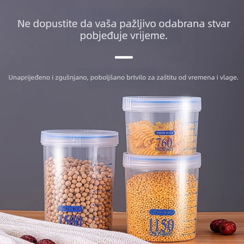 Okrugli plastični spremnik za skladištenje žitarica, kapacitet 1–2 L, jednoslojni, nije pogodan za mikrovalnu pećnicu