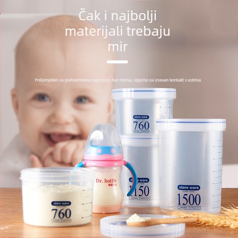 Kružni plastični zatvoreni spremnik za skladištenje žitarica i mlijeka u prahu, proziran, sa skalom, mogućnost slaganja
