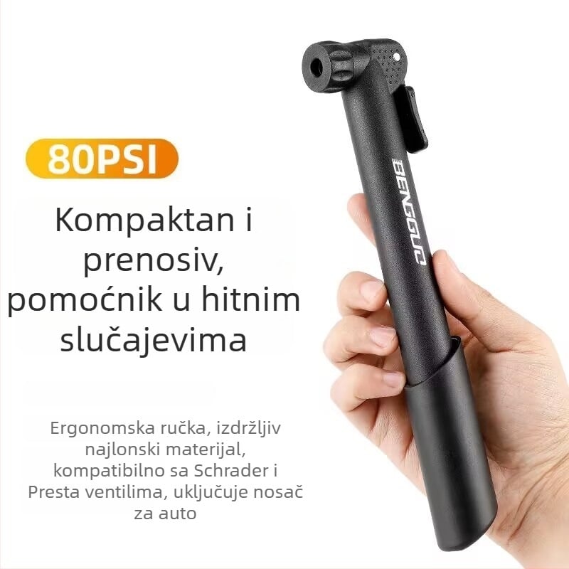 Ručna pumpa za bicikl, mini prijenosna, model BG-1682, maksimalni tlak 80 PSI, tip zraka: Beautiful Mouth, težina 0,09 kg