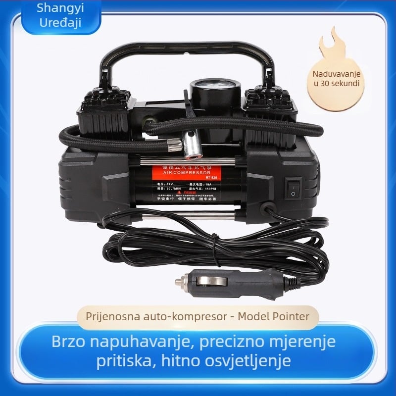 Prijenosna električna pumpa za pneumatike s dvostrukim cilindrom, LED svjetlom i manometrom, 12V FS-020