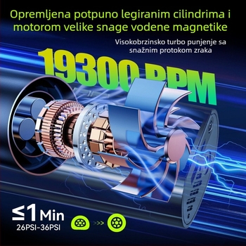Bežična prijenosna pumpa za automobile i bicikle s digitalnim prikazom i ugrađenom rasvjetom, 12V, 100W, dužina kabela 3 m, crijevo 38 cm
