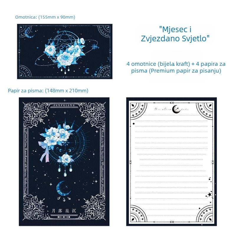 Paper Sutra set za pisanje — 4 kuverte i 4 listova, bijela goveda koža, kreativni stil