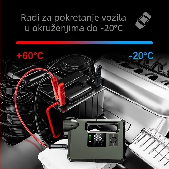 Automobilska hitna prijenosna baterija s integriranom pumpom za zrak - 14.8V baterija, 1000A vršna struja, 60 cm crijevo za napuhavanje, 70 L/min, digitalni zaslon