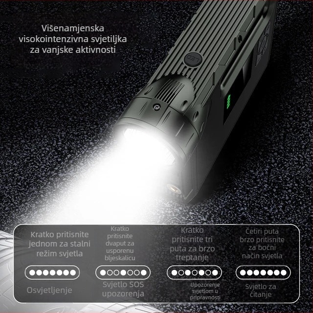 Automobilska hitna prijenosna baterija s integriranom pumpom za zrak - 14.8V baterija, 1000A vršna struja, 60 cm crijevo za napuhavanje, 70 L/min, digitalni zaslon