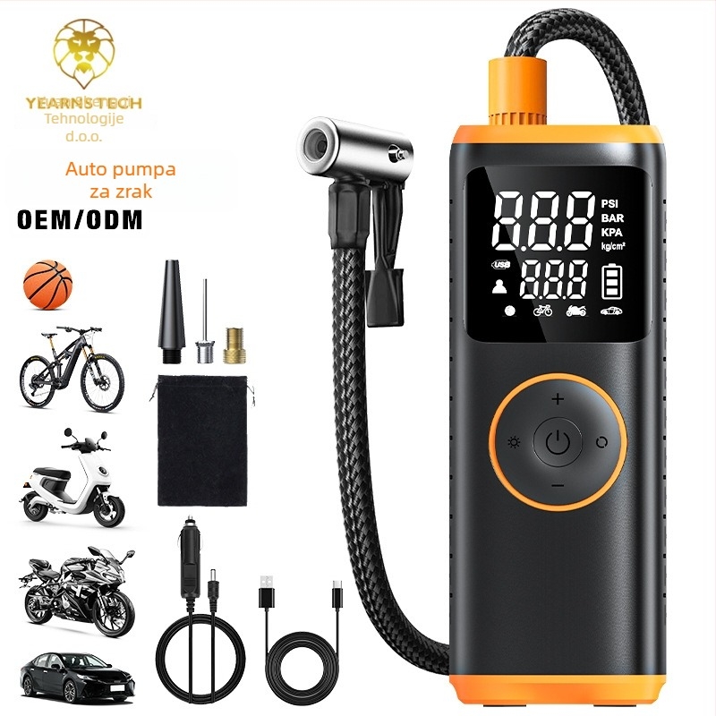 Auto pumpa s digitalnim zaslonom, bežično dvostrano napajanje, prijenosna pumpa za gume – 12V, litijeva baterija, duljina kabla 3 m, 35 L/min, 120 W