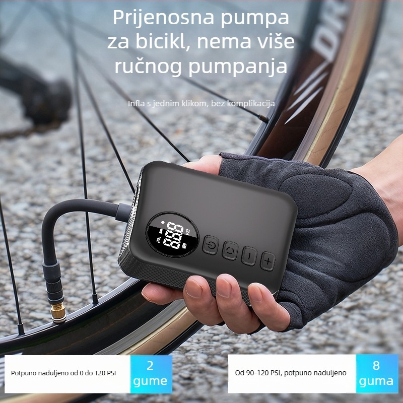 Prijenosna mini pumpa za bicikl s digitalnim zaslonom i meranom tlaka zraka, 12V, punjiva, protok zraka 25 L/min