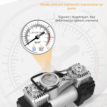 Automobilska pumpa za gume s dvostrukim cilindrom, 12V, 280W, 70 L/min, s manometrom