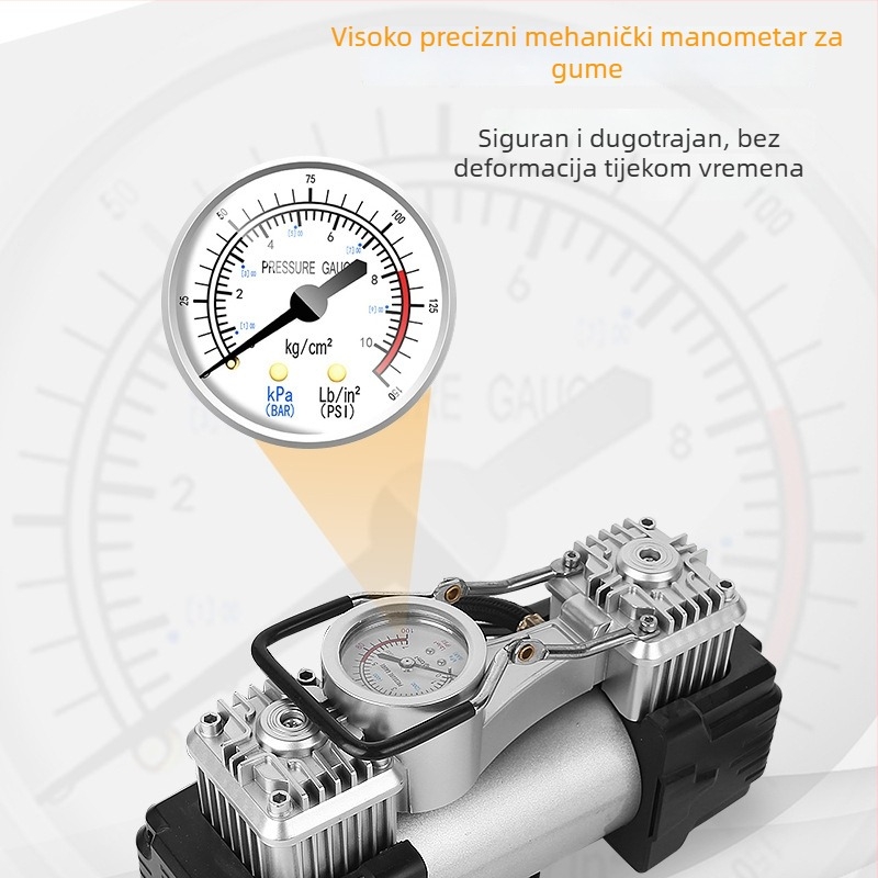 Automobilska pumpa za gume s dvostrukim cilindrom, 12V, 280W, 70 L/min, s manometrom
