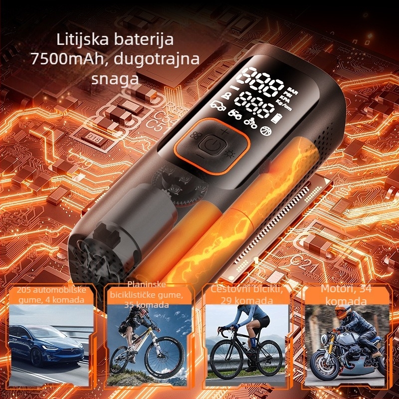 Bežična pumpa za zrak za automobil s 19 cilindara, 80W, baterija 7000mAh s USB-C punjenjem, protok zraka 30 L/min, digitalni zaslon