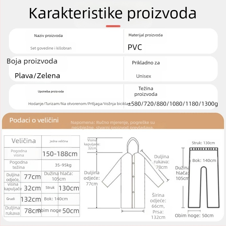 Odrasli kišni pončo od PVC-a, vodootporno za outdoor